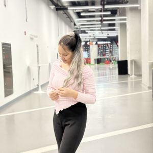 blush off shoulder ribbed top